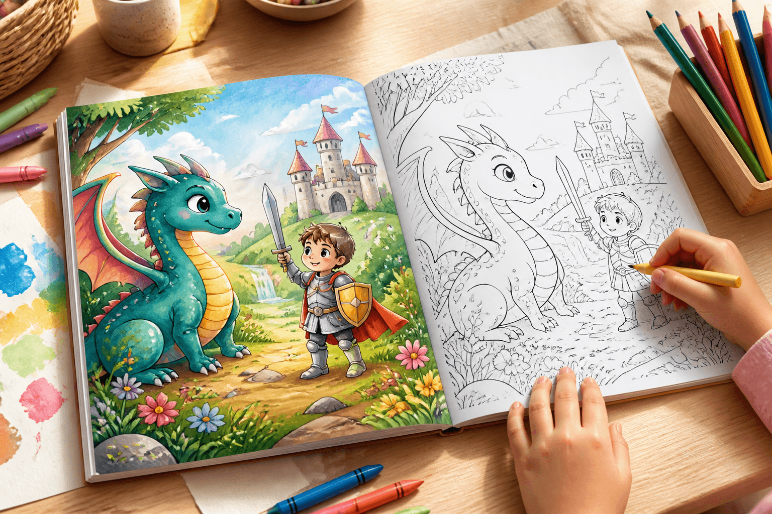 A full-color storybook illustration beside its black-and-white coloring-page version.