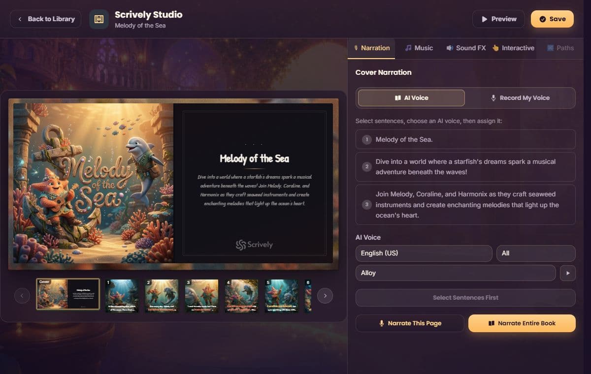 Scrively Studio editor showing narration, music, sound effects, and interactive tools for a page.